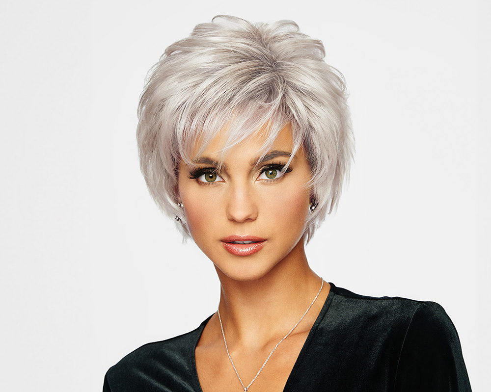 Model wearing Voltage wig by Raquel Welch